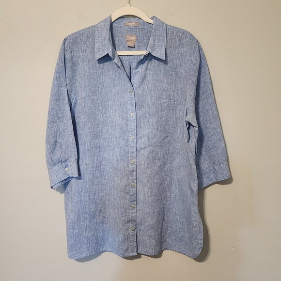 Chico's linen shirt sz 2 / 12-14 blue button down 3/4 sleeve business casual - Picture 1 of 11